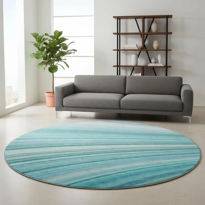 8' Teal And Ivory Abstract Washable Round Rug With UV Protection Photo 2
