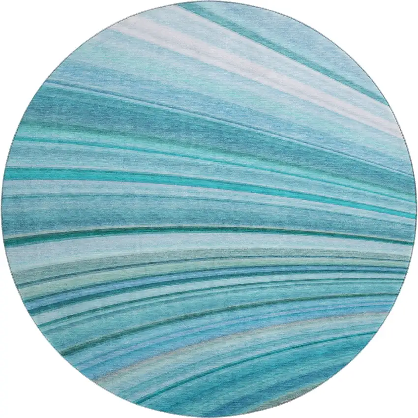 8' Teal And Ivory Abstract Washable Round Rug With UV Protection Photo 1