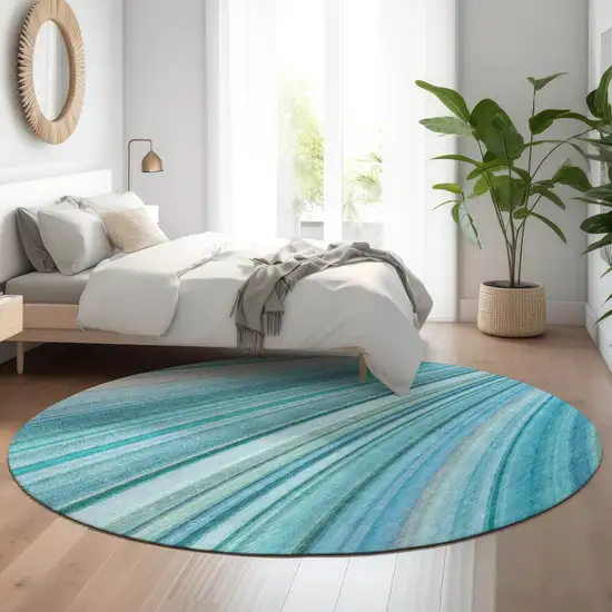 8' Teal And Ivory Abstract Washable Round Rug With UV Protection Photo 5