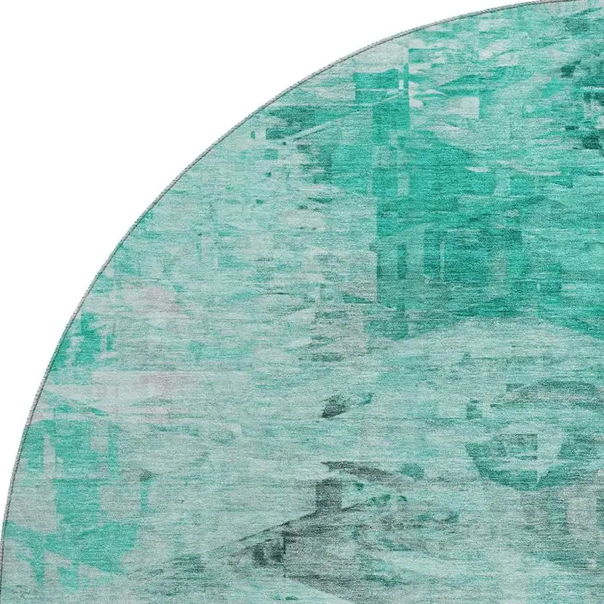 8' Teal And Ivory Abstract Washable Round Rug With UV Protection Photo 3