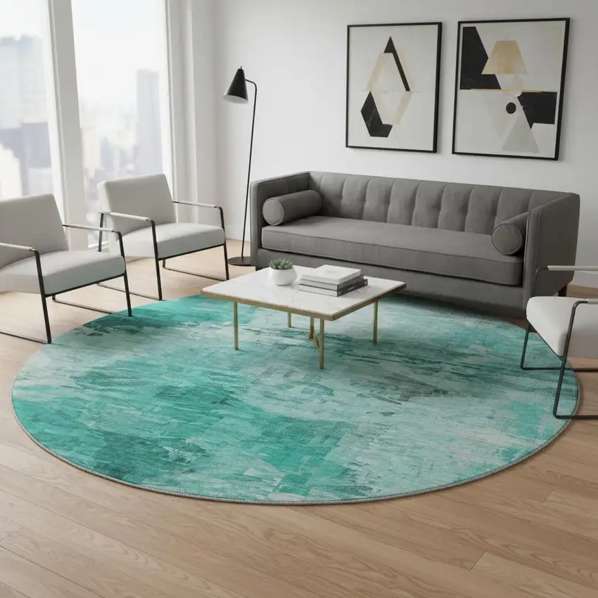 8' Teal And Ivory Abstract Washable Round Rug With UV Protection Photo 2