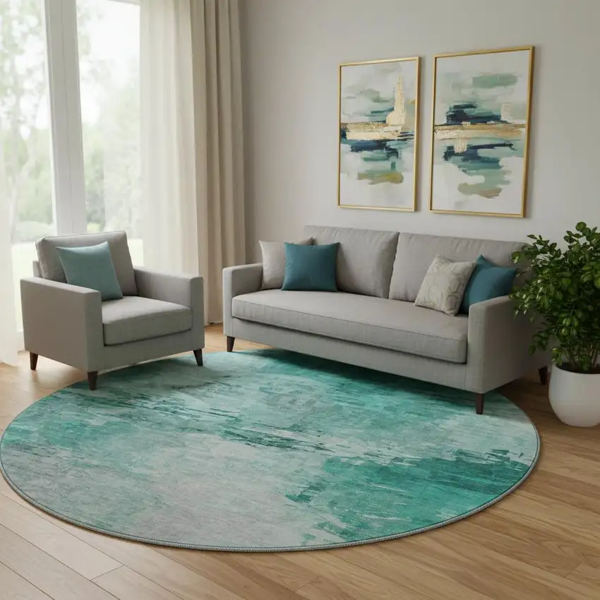 8' Teal And Ivory Abstract Washable Round Rug With UV Protection Photo 1