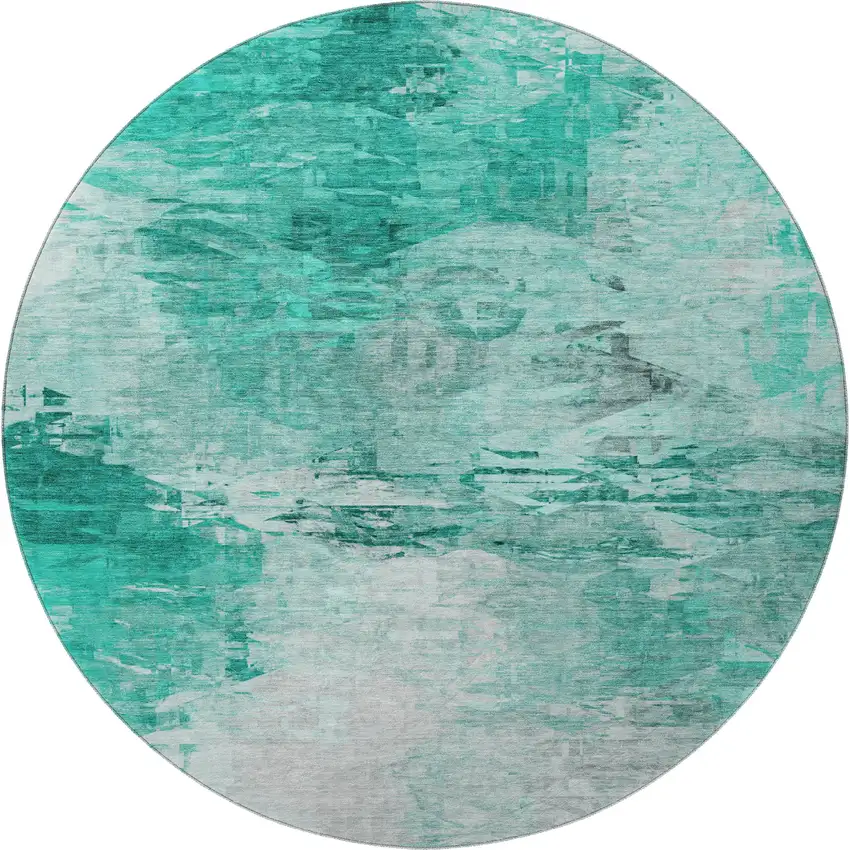 8' Teal And Ivory Abstract Washable Round Rug With UV Protection Photo 4