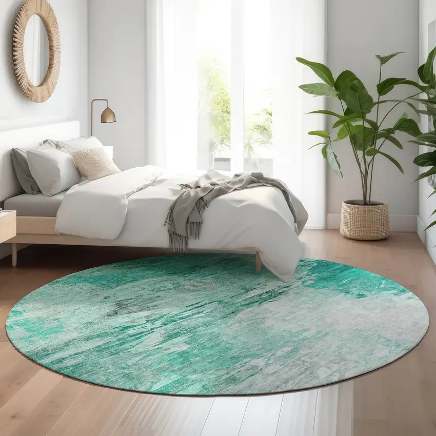 8' Teal And Ivory Abstract Washable Round Rug With UV Protection Photo 5