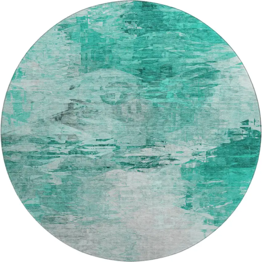 8' Teal And Ivory Abstract Washable Round Rug With UV Protection Photo 1