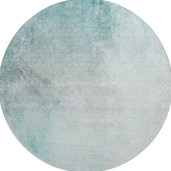 8' Teal And Ivory Abstract Washable Round Rug With UV Protection Photo 3