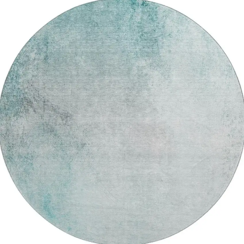 8' Teal And Ivory Abstract Washable Round Rug With UV Protection Photo 3