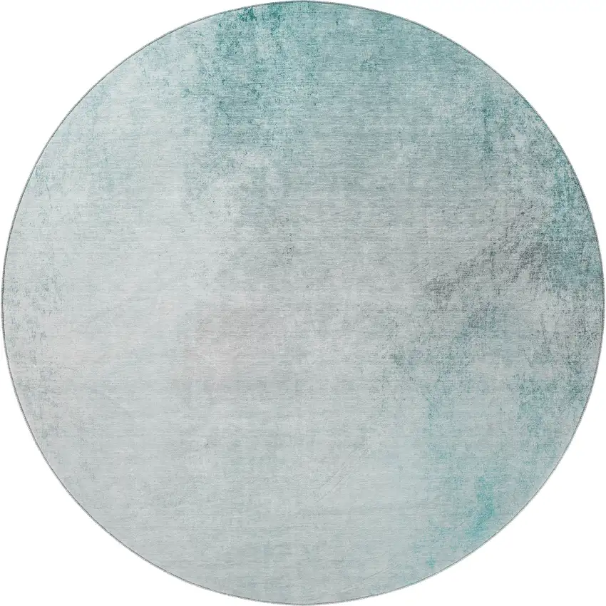 8' Teal And Ivory Abstract Washable Round Rug With UV Protection Photo 4