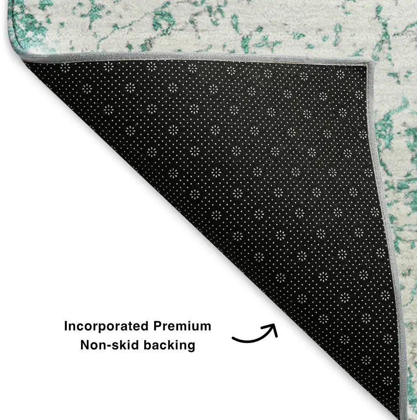 8' Teal And Ivory Abstract Washable Round Rug With UV Protection Photo 5