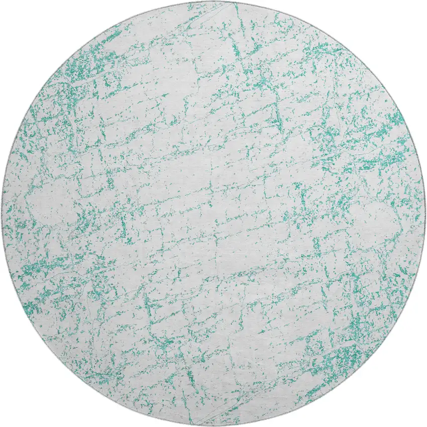 8' Teal And Ivory Abstract Washable Round Rug With UV Protection Photo 1