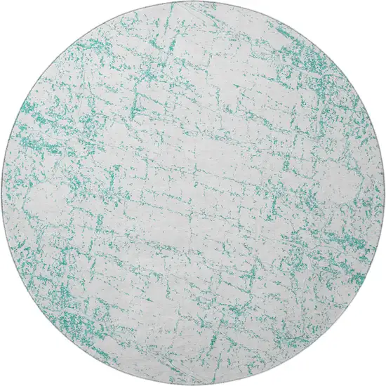 8' Teal And Ivory Abstract Washable Round Rug With UV Protection Photo 3