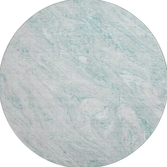 8' Teal And Ivory Abstract Washable Round Rug With UV Protection Photo 4