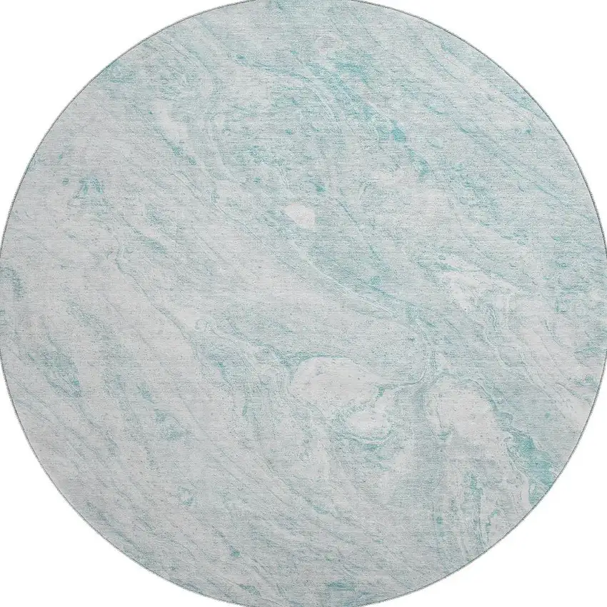 8' Teal And Ivory Abstract Washable Round Rug With UV Protection Photo 4