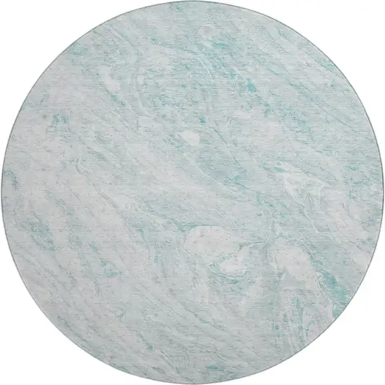 8' Teal And Ivory Abstract Washable Round Rug With UV Protection Photo 1