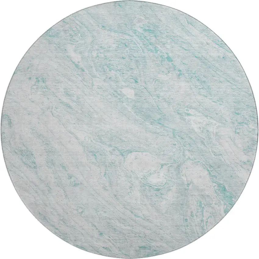 8' Teal And Ivory Abstract Washable Round Rug With UV Protection Photo 1