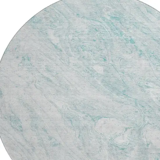 8' Teal And Ivory Abstract Washable Round Rug With UV Protection Photo 3