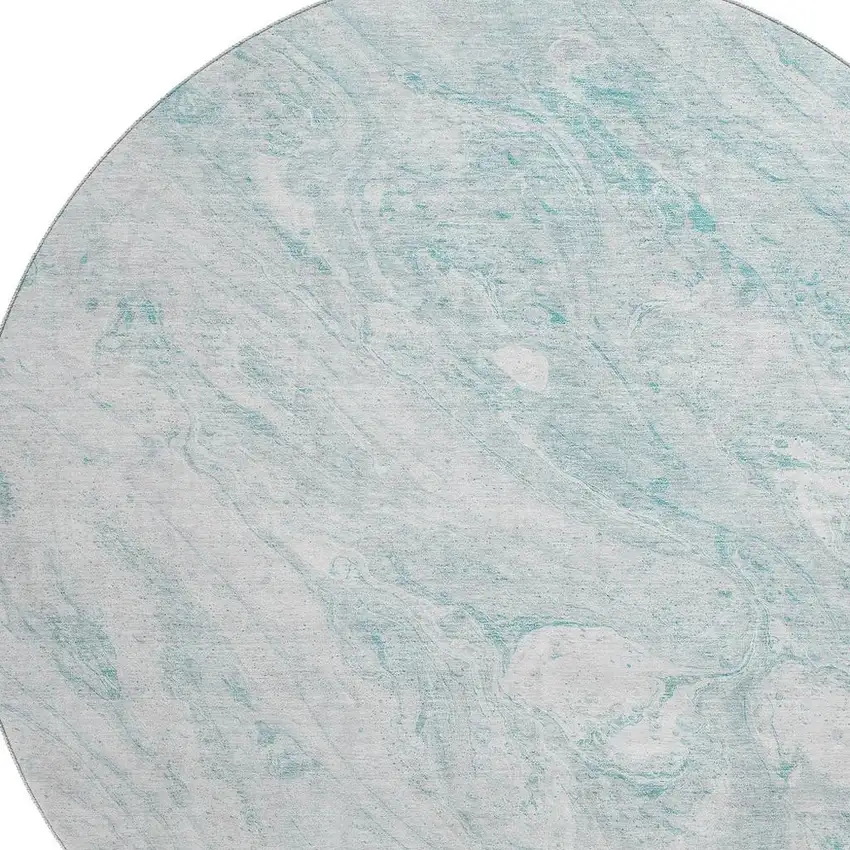 8' Teal And Ivory Abstract Washable Round Rug With UV Protection Photo 3