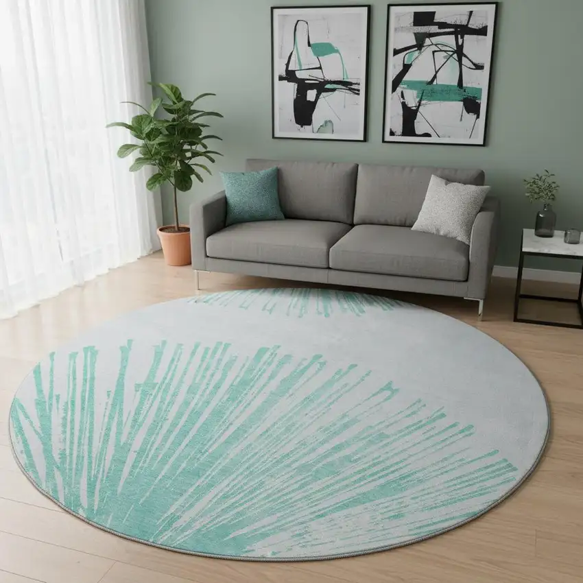 8' Teal And Ivory Abstract Washable Round Rug With UV Protection Photo 2