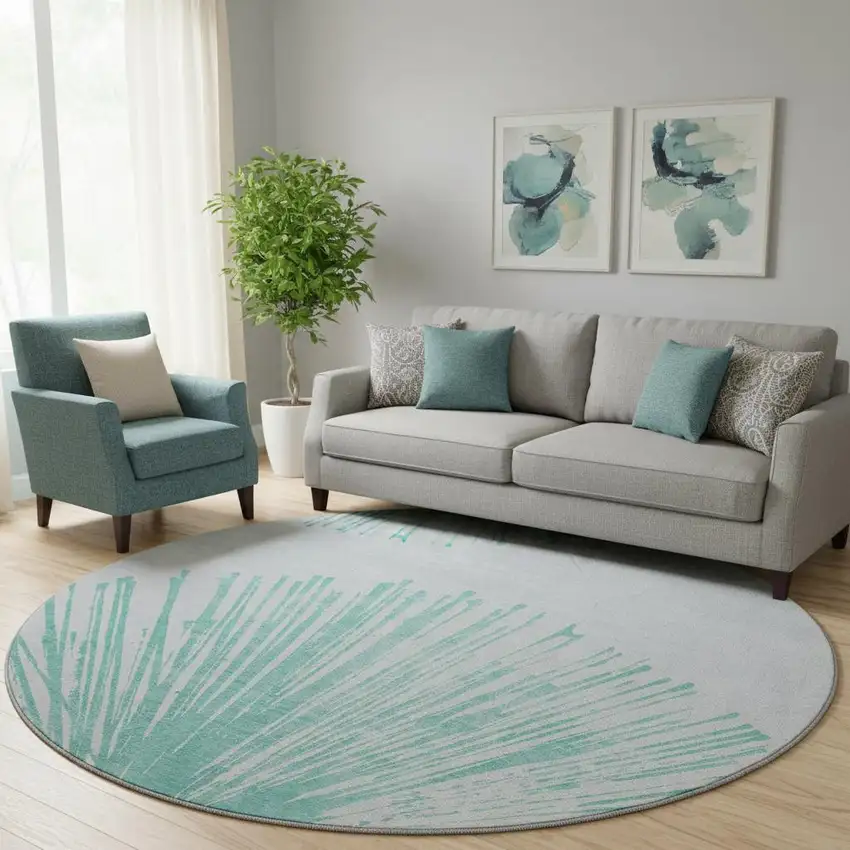 8' Teal And Ivory Abstract Washable Round Rug With UV Protection Photo 1