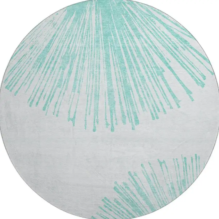 8' Teal And Ivory Abstract Washable Round Rug With UV Protection Photo 3