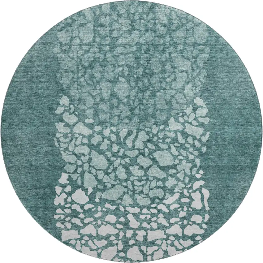 8' Teal And Ivory Abstract Washable Round Rug With UV Protection Photo 1