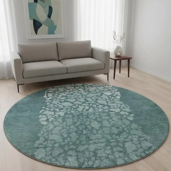 8' Teal And Ivory Abstract Washable Round Rug With UV Protection Photo 2