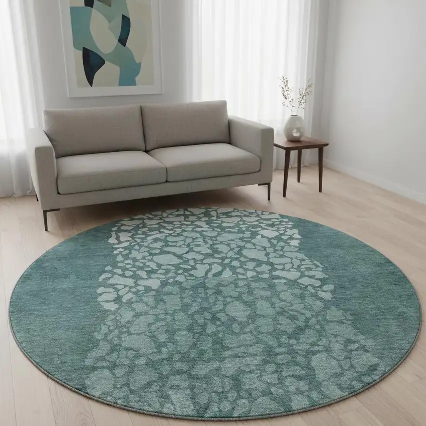 8' Teal And Ivory Abstract Washable Round Rug With UV Protection Photo 2