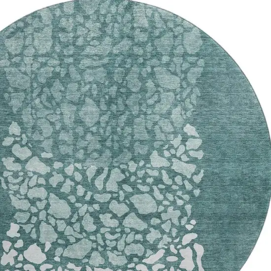 8' Teal And Ivory Abstract Washable Round Rug With UV Protection Photo 4