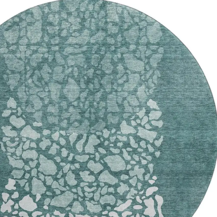 8' Teal And Ivory Abstract Washable Round Rug With UV Protection Photo 4