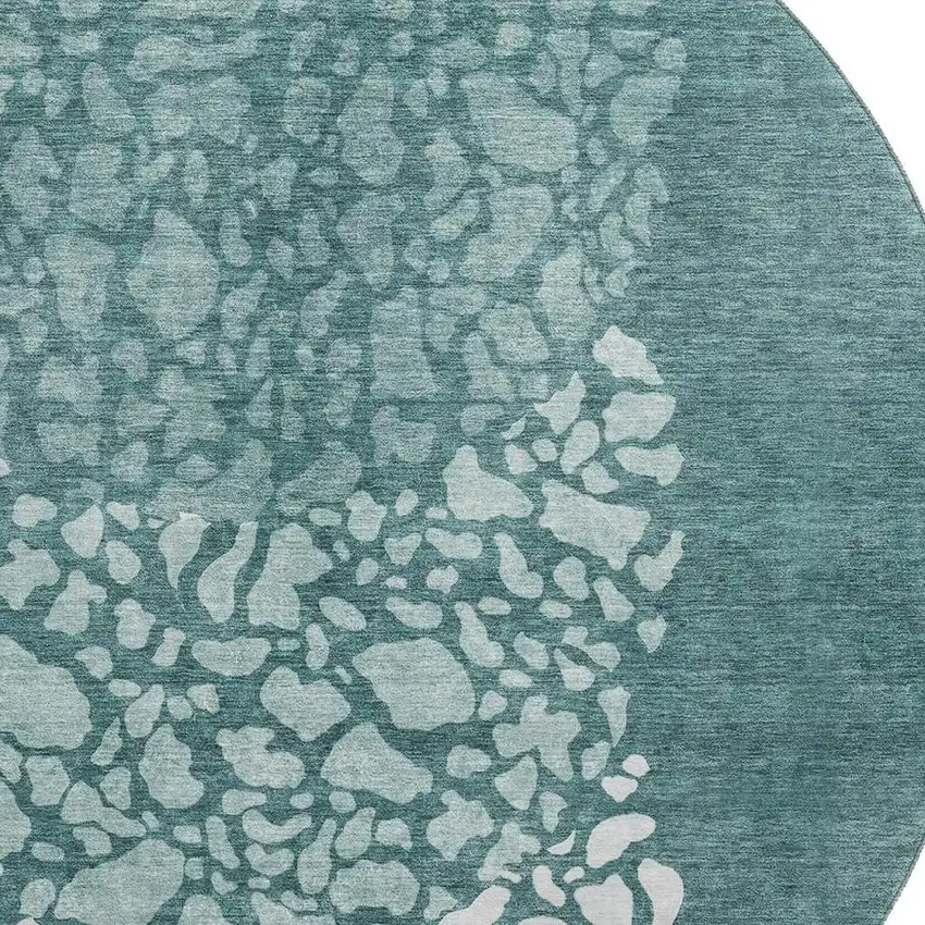 8' Teal And Ivory Abstract Washable Round Rug With UV Protection Photo 3