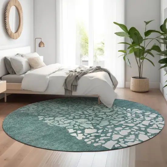 8' Teal And Ivory Abstract Washable Round Rug With UV Protection Photo 5