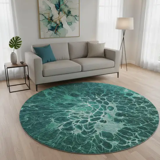 8' Teal And Ivory Abstract Washable Round Rug With UV Protection Photo 2