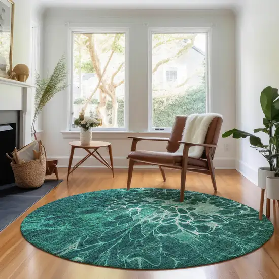 8' Teal And Ivory Abstract Washable Round Rug With UV Protection Photo 5