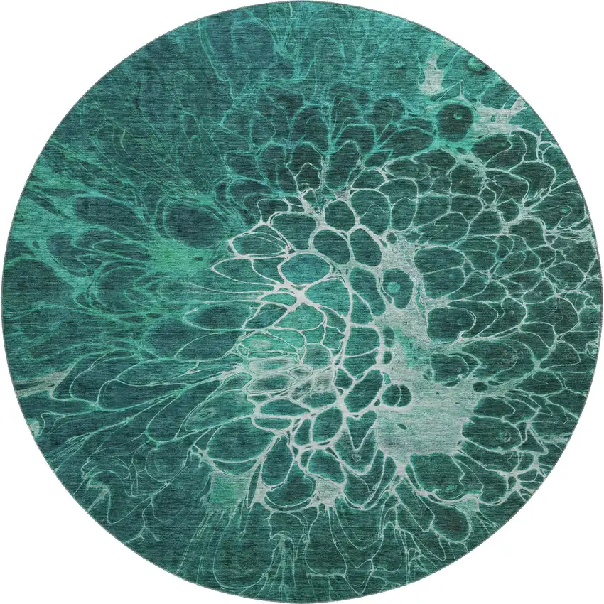 8' Teal And Ivory Abstract Washable Round Rug With UV Protection Photo 1