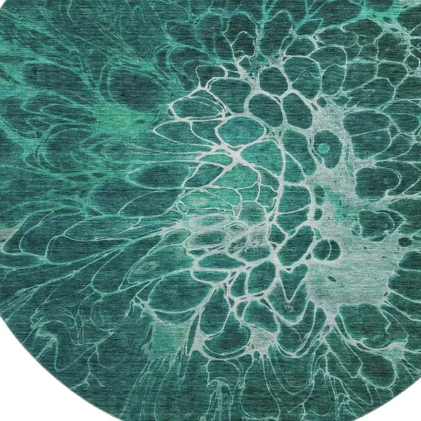 8' Teal And Ivory Abstract Washable Round Rug With UV Protection Photo 4