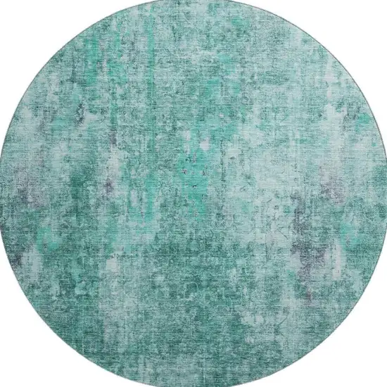 8' Teal And Ivory Abstract Washable Round Rug With UV Protection Photo 2