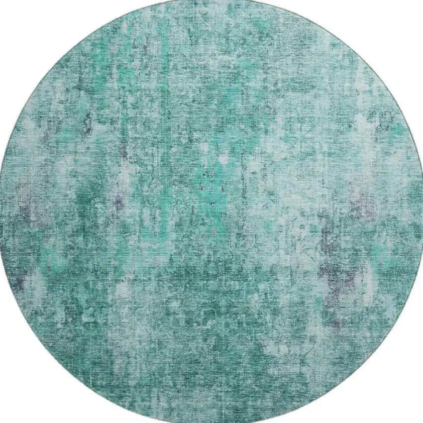 8' Teal And Ivory Abstract Washable Round Rug With UV Protection Photo 2
