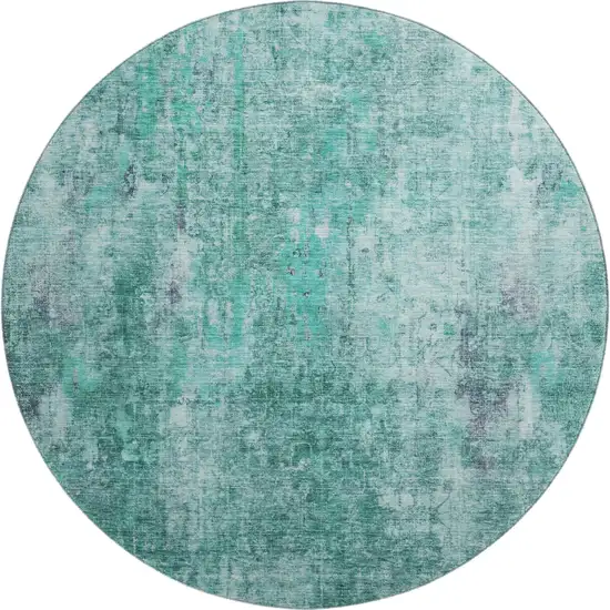 8' Teal And Ivory Abstract Washable Round Rug With UV Protection Photo 1