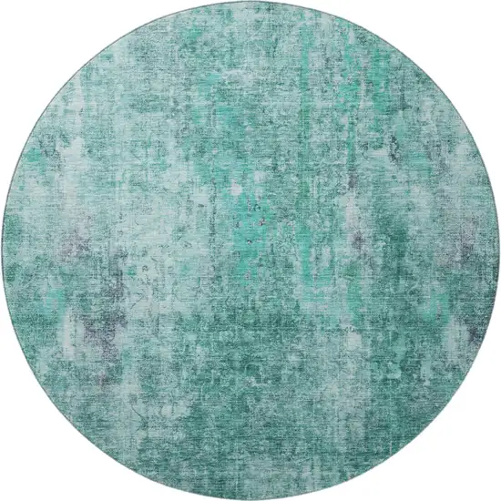 8' Teal And Ivory Abstract Washable Round Rug With UV Protection Photo 3