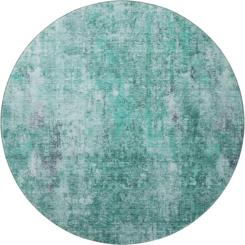 8' Teal And Ivory Abstract Washable Round Rug With UV Protection Photo 3