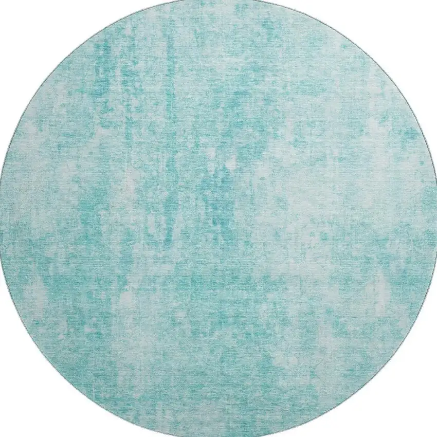 8' Teal And Ivory Abstract Washable Round Rug With UV Protection Photo 4