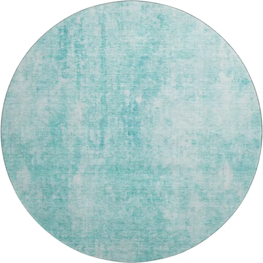 8' Teal And Ivory Abstract Washable Round Rug With UV Protection Photo 1