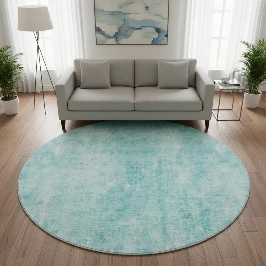 8' Teal And Ivory Abstract Washable Round Rug With UV Protection Photo 2