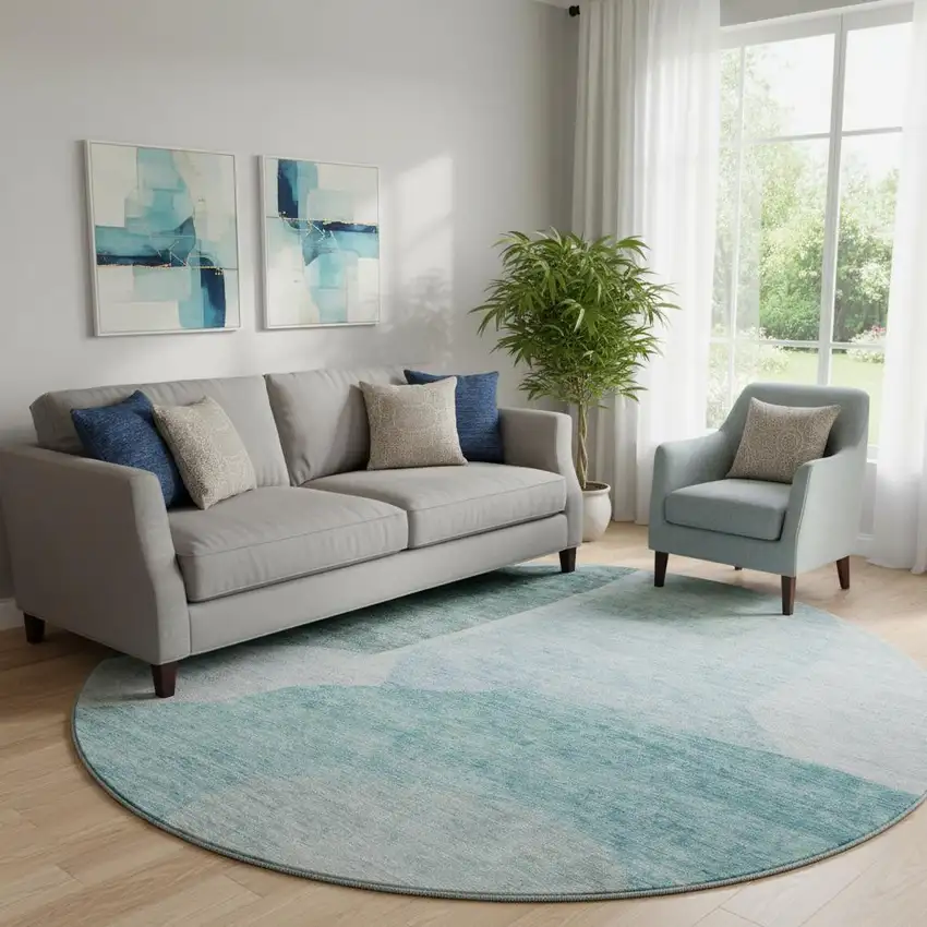 8' Teal And Ivory Abstract Washable Round Rug With UV Protection Photo 1