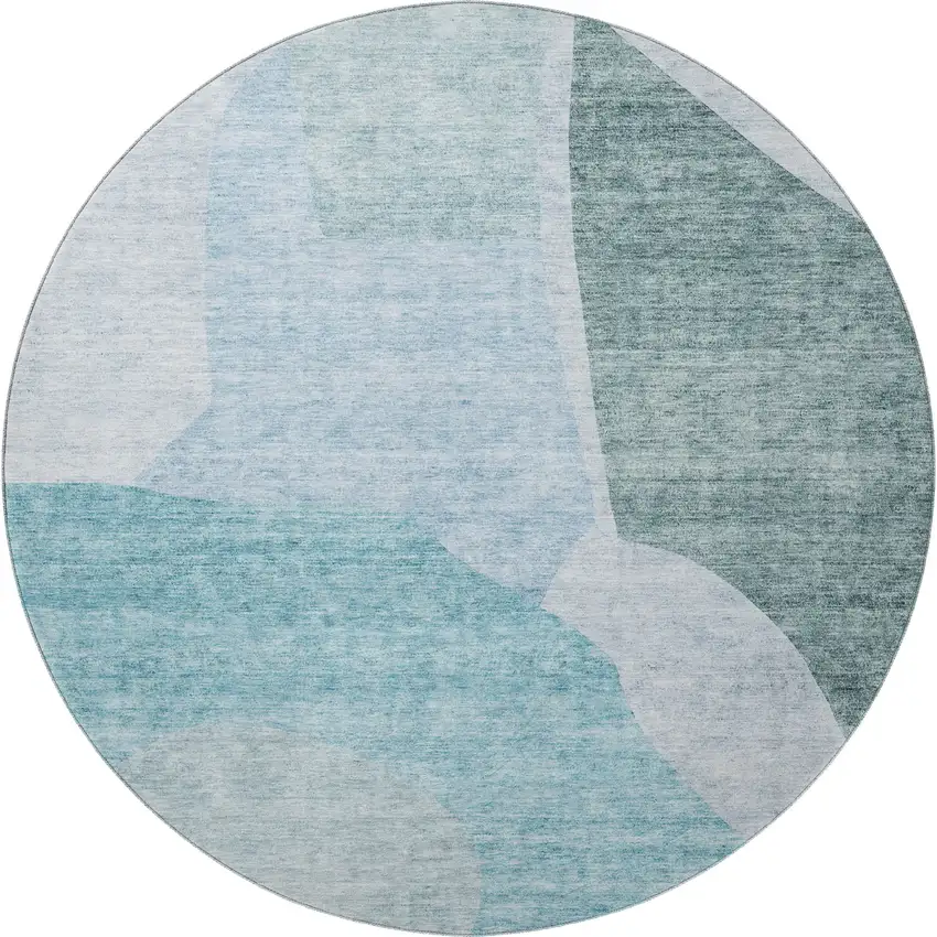 8' Teal And Ivory Abstract Washable Round Rug With UV Protection Photo 3