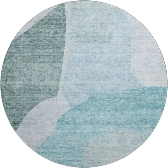 8' Teal And Ivory Abstract Washable Round Rug With UV Protection Photo 1