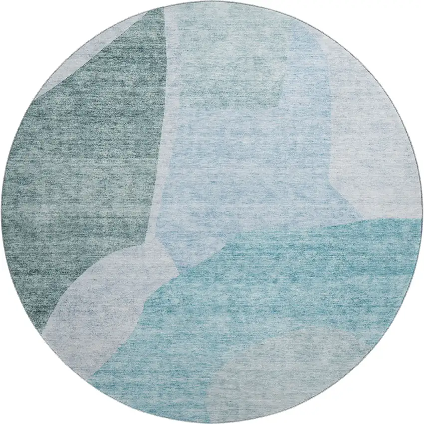 8' Teal And Ivory Abstract Washable Round Rug With UV Protection Photo 1