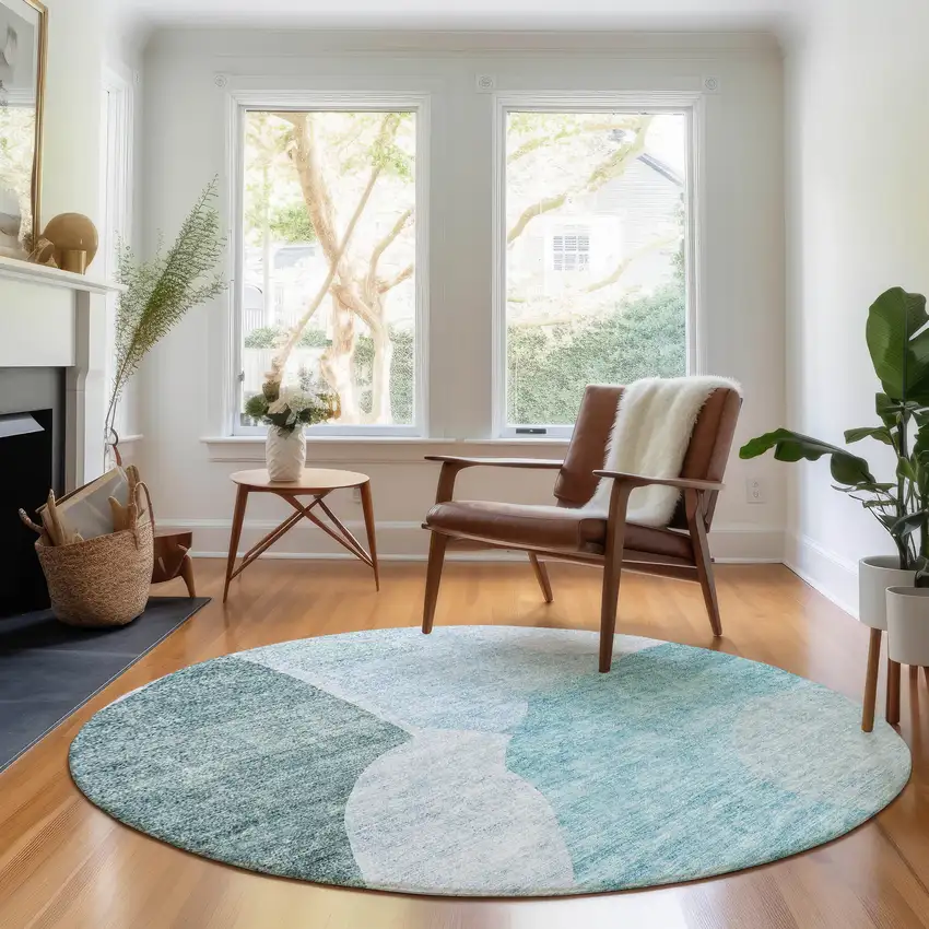 8' Teal And Ivory Abstract Washable Round Rug With UV Protection Photo 4