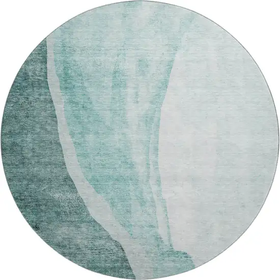 8' Teal And Ivory Abstract Washable Round Rug With UV Protection Photo 1