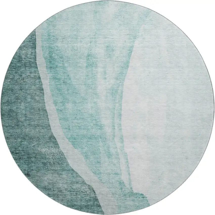 8' Teal And Ivory Abstract Washable Round Rug With UV Protection Photo 1